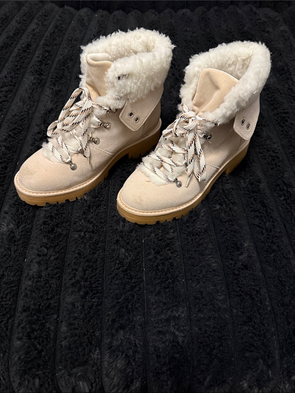 Time and Tru Cream Faux-Shearling Lace-Up Ankle Boots